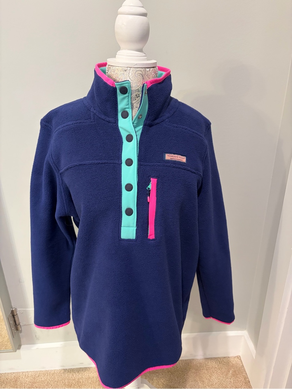 Vineyard Vines Navy Fleece Pullover with Aqua Placket & Pink Trim